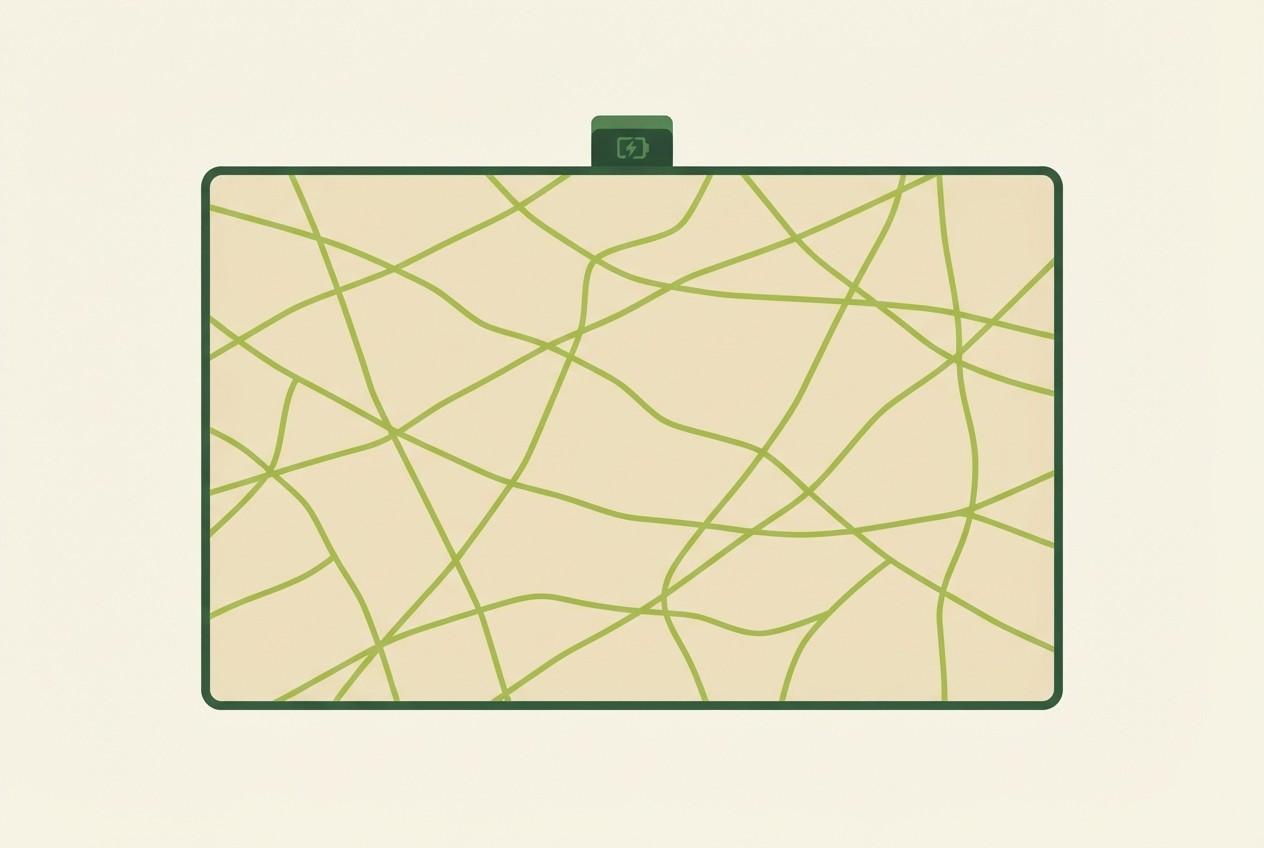 Top-down lawn with a crisscross mowing path and a charging station