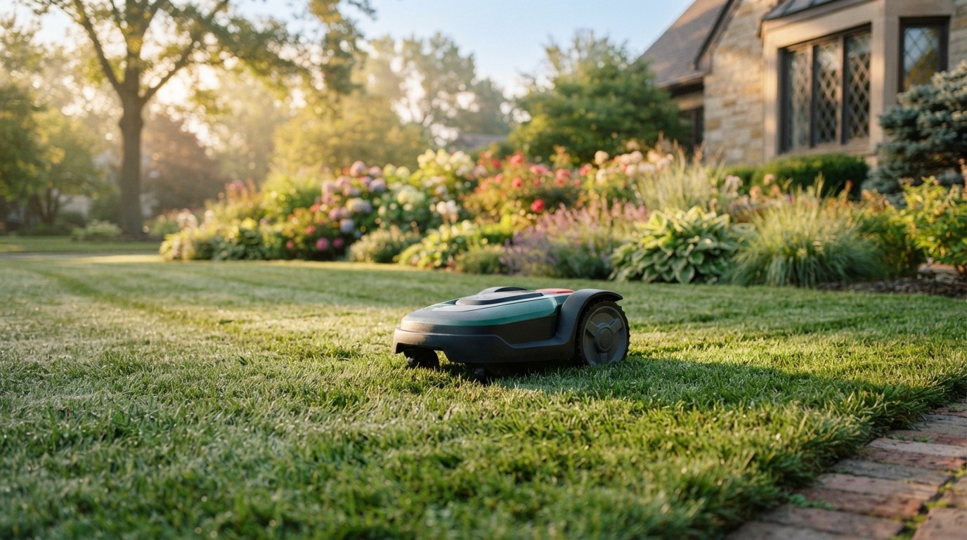 Robotic mower on a green lawn with soft mowing stripes in morning light