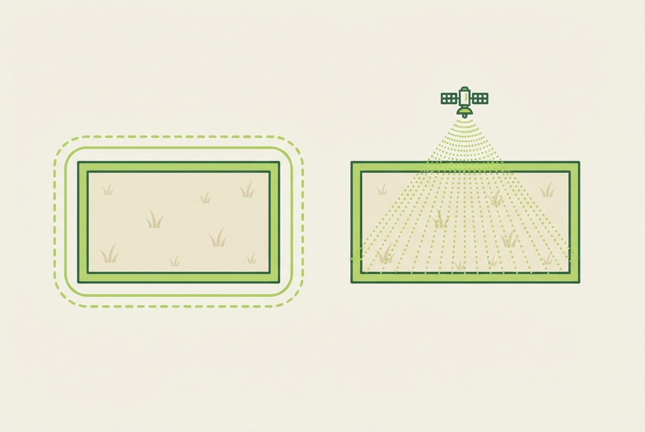 Lawn bounded by a dashed wire loop compared with a lawn covered by a satellite signal