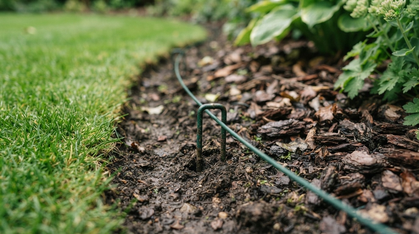 Thin boundary wire pinned along a lawn edge beside a garden bed