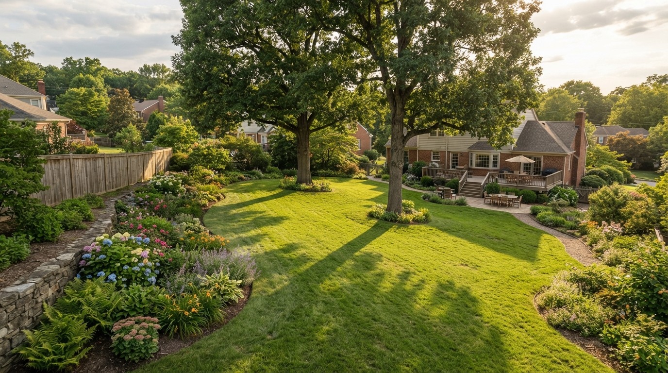 Suburban backyard lawn with a slope, trees and a flower bed