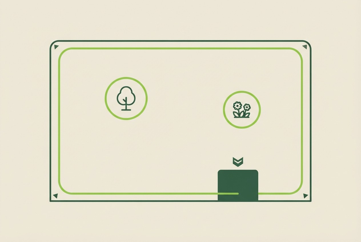 Lawn plan with a charging station, boundary loop and island loops around obstacles