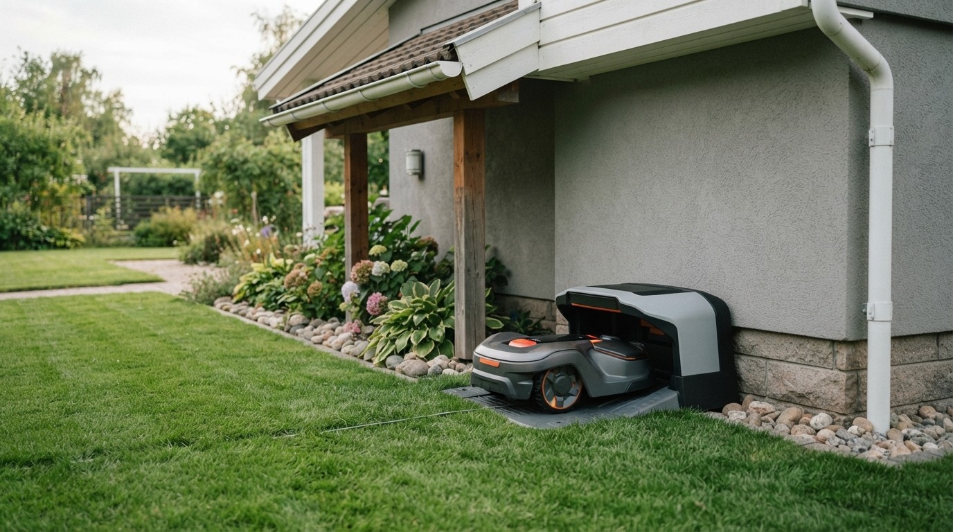 Charging station on flat grass beside a house wall under a small overhang